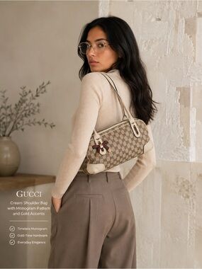 Gucci Cream Shoulder Bag with Monogram Pattern and Gold Accents
